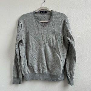 J Crew Grey & White Striped V Neck Sweater